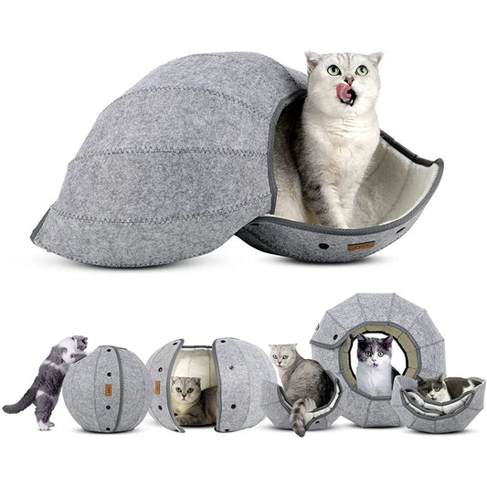 Multifunktionales 5-in-1 Katzenbett mit Tunnel und Spielzeug – Ideale Katzenhöhle für Spielen und Entspannen